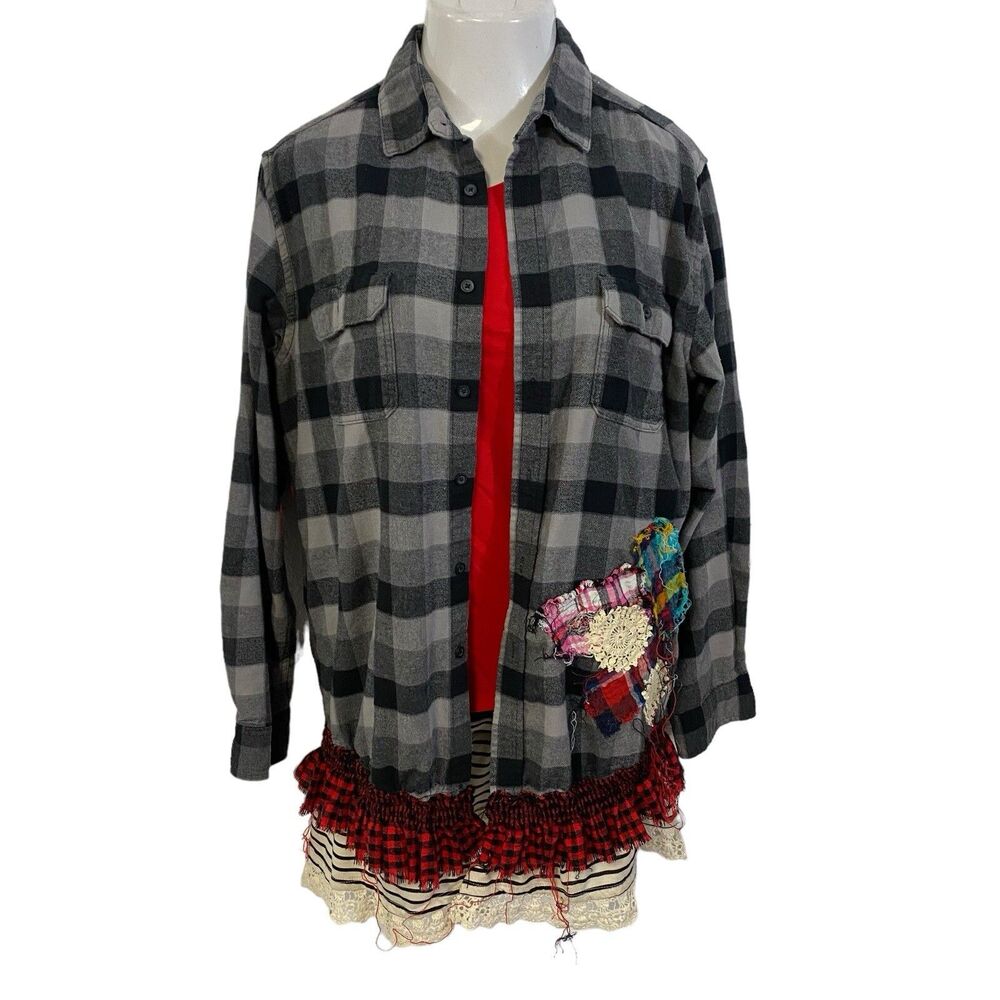 Flannel Shirt Women XL Shacket Flower Grunge Camp Rock Country Festival Upcycled - Picture 6 of 16